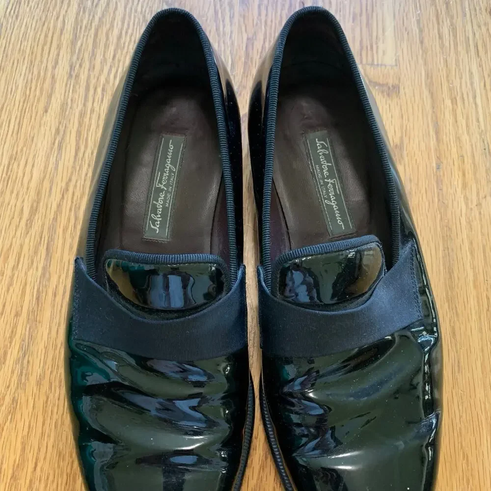 Men’s Salvatore Ferragamo Black Patent Leather Tuxedo Shoes Size 9 EUC!